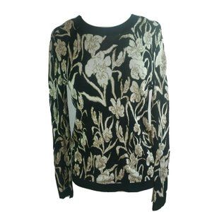 Little Moon Sweater Black Floral Metallic Thread Floral Print Keyhole back S